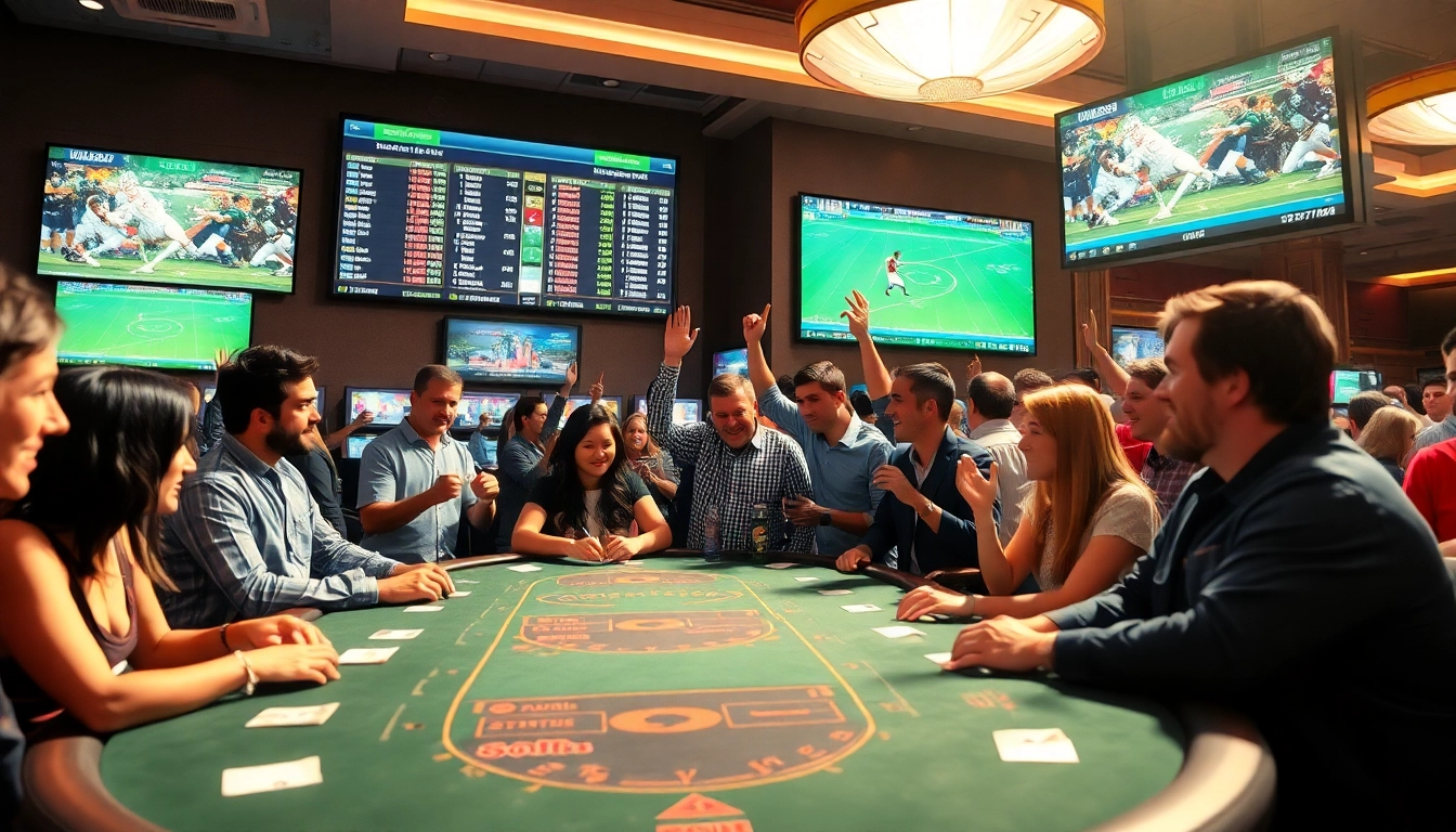 Engaged patrons in sports betting Oklahoma casino atmosphere celebrating wins.