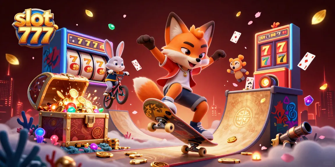 Experience slot 777 excitement with a dynamic casino scene featuring playful characters and vibrant symbols.