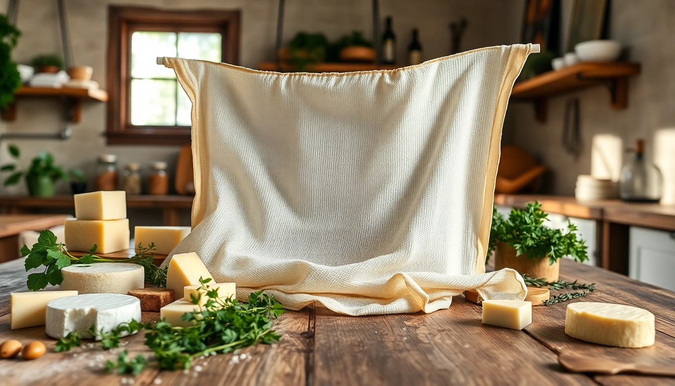 Een kaasdoek wordt gebruikt om vers kaas en kruiden te bereiden op een rustieke keukentafel.