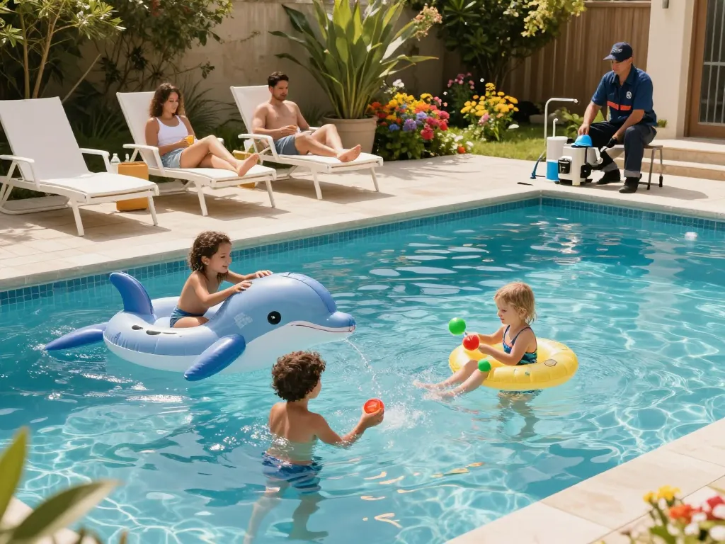 Dolphin Pool Services ensuring a family enjoys their backyard pool, showcasing vibrant, well-maintained surroundings.