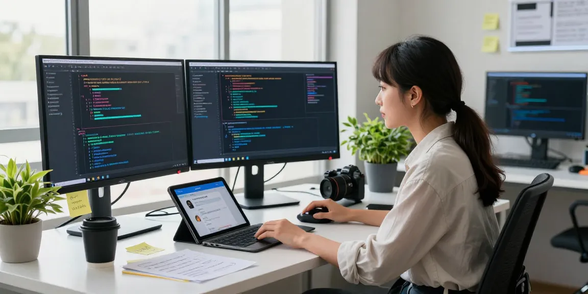 Developer interacting with an nsfw chat bot in a modern tech workspace, showcasing productivity and innovation.