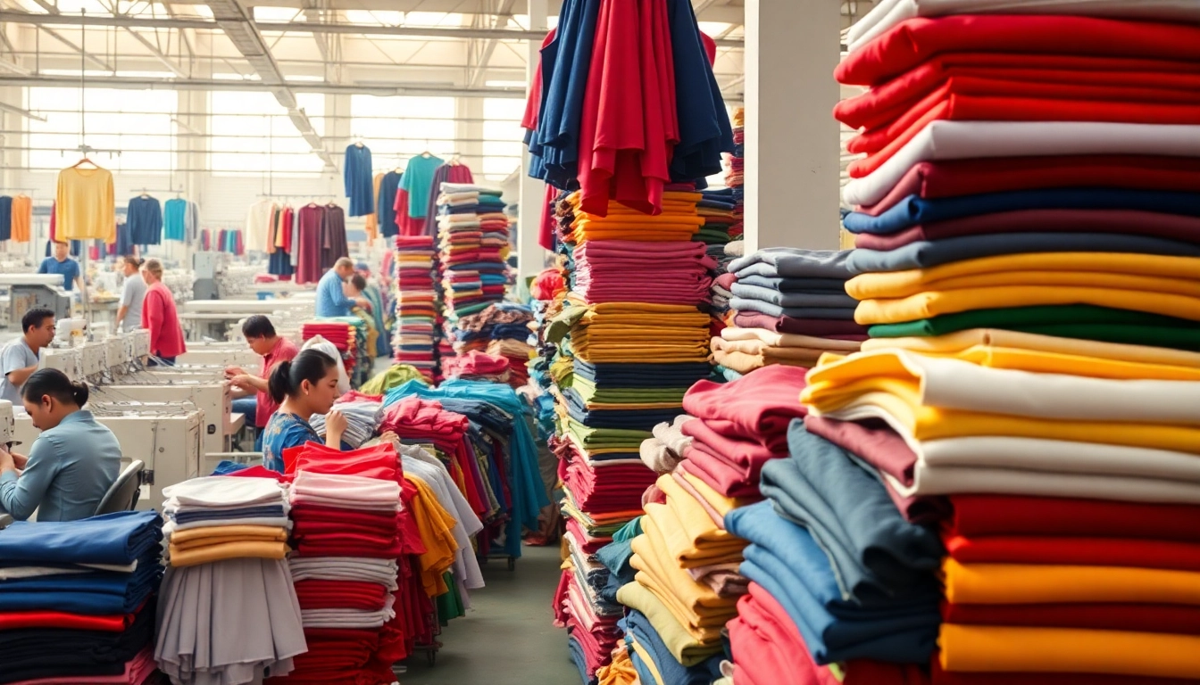 Apparel manufacturers in China showcasing skilled workers and colorful fabric production.