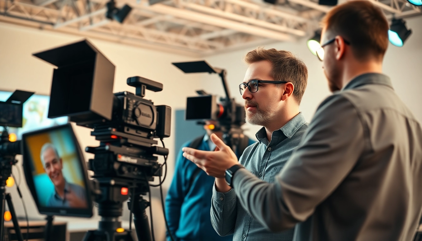 Focused team members collaborating on video production edmonton project in a modern studio.