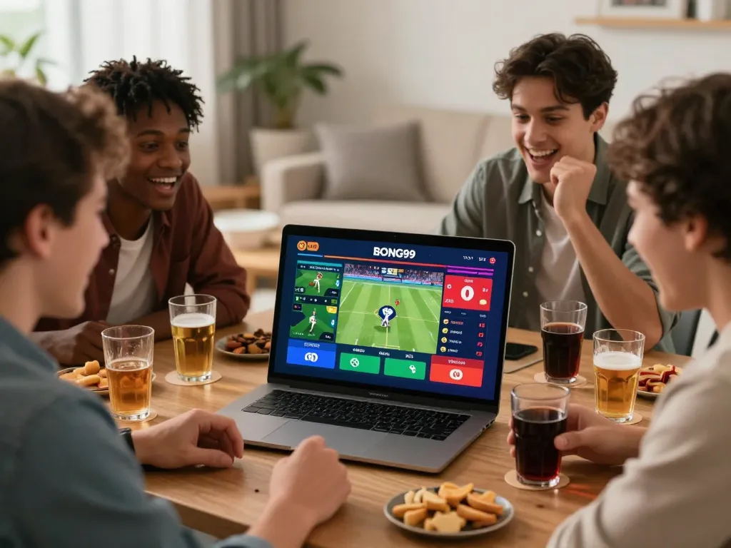 Friends enjoying live betting on https://bong99vn.win/ together, capturing excitement and camaraderie.