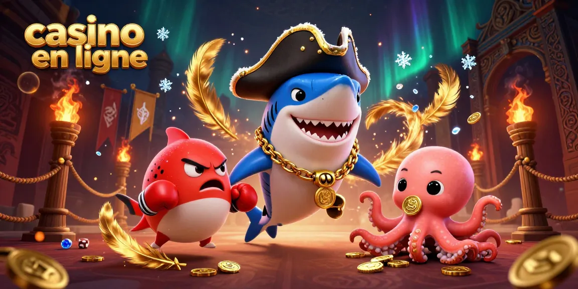 Jouez au casino en ligne avec le requin pirate et ses amis dans une scène animée pleine de pièces d'or.