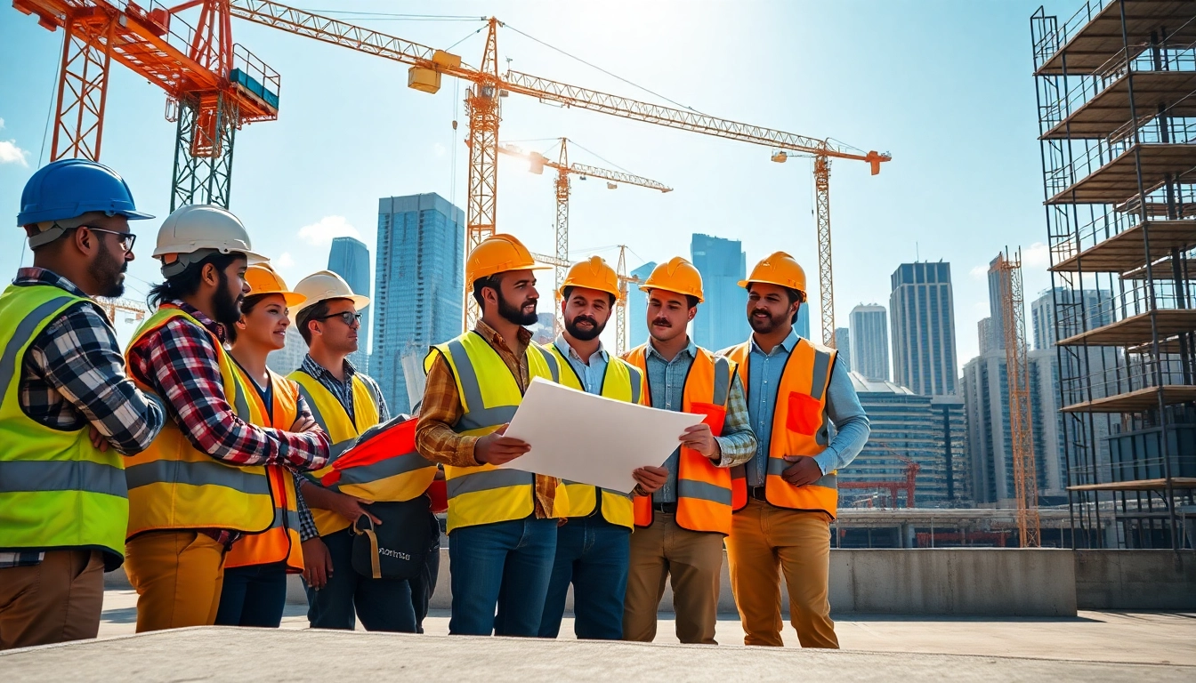 Construction career teamwork with diverse workers at a bright building site.