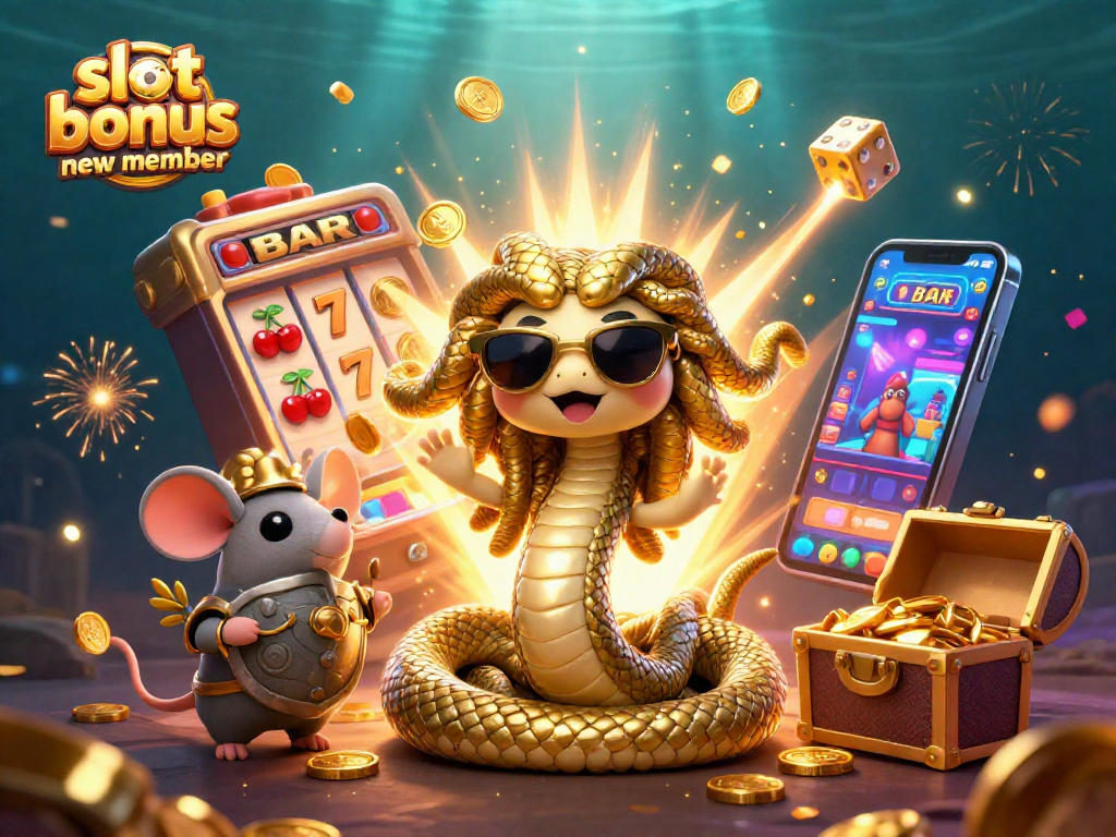 Spin to win with slot bonus new member, featuring Medusa and a warrior mouse amid vibrant casino symbols.