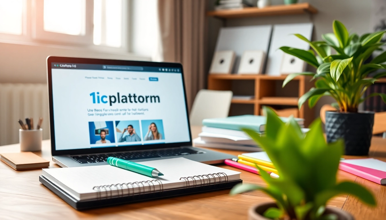 Showcasing the 1cplatform website on a modern workspace laptop, highlighting a vibrant atmosphere.