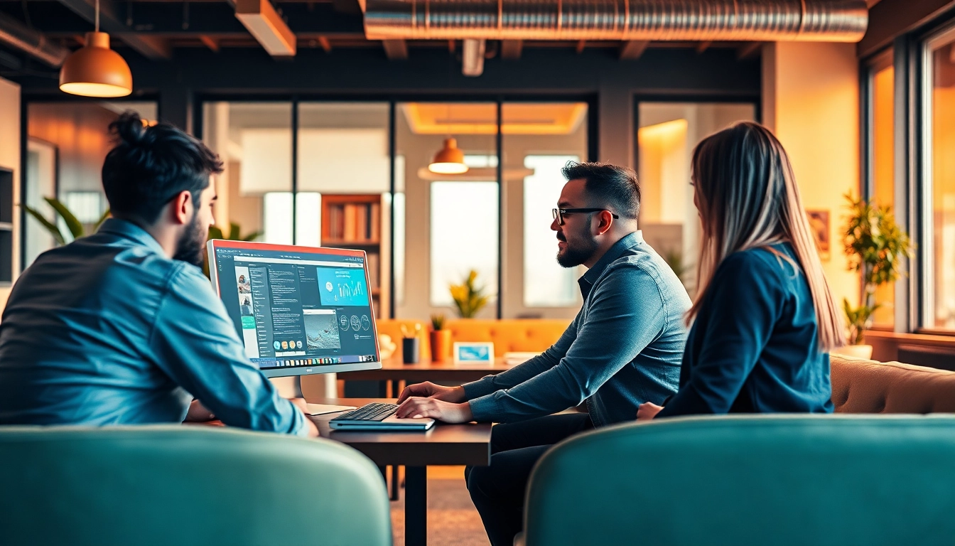 Showcase of Web Design Hereford with web designer collaborating in a modern office.