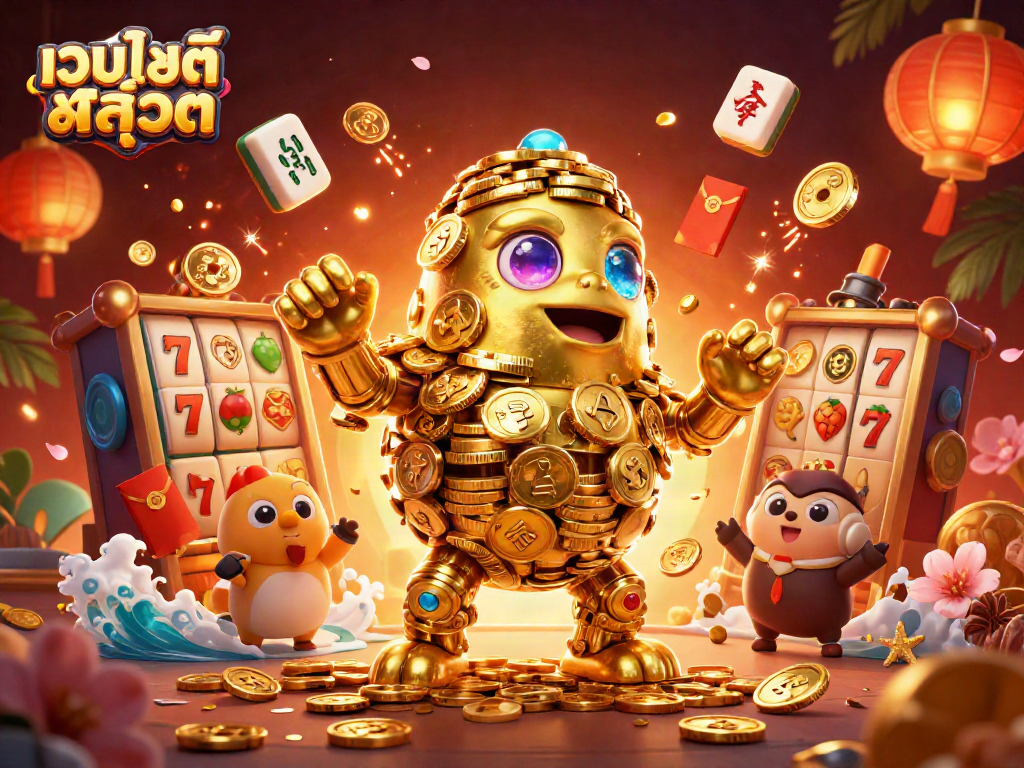 Experience winning with เว็บไซต์สล็อต, featuring a golden golem surrounded by vibrant casino elements and jackpot symbols.