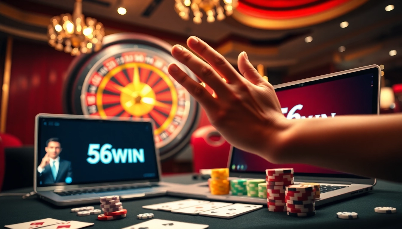 Experience the thrill of winning while playing casino games at 56 WIN with vibrant poker chips and cards.