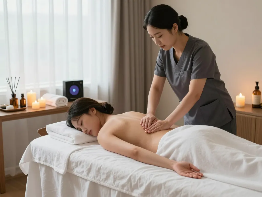 Experience tranquil 인천 출장마사지 in a peaceful hotel room setting with a professional therapist.
