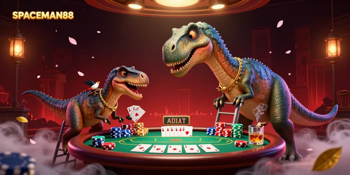 SPACEMAN88 showcases a vibrant 3D casino scene with a dinosaur and raptor dealing cards at a poker table.