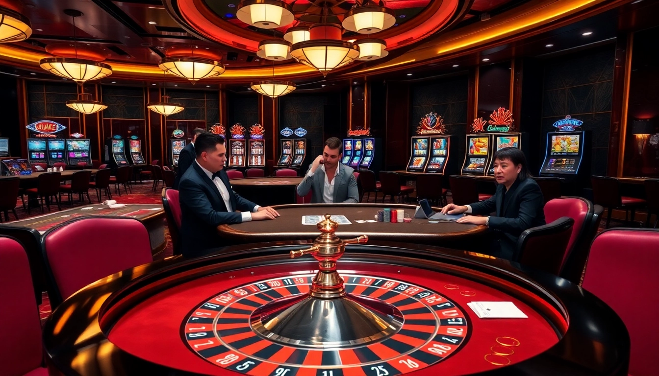 Experience the vibrant atmosphere of gambling at j88.gives with engaging casino tables and players enjoying the thrill of winning.