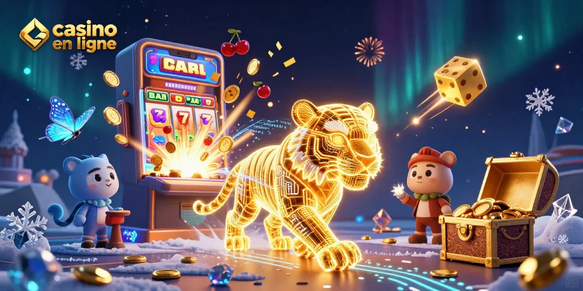 Jouez au casino en ligne avec notre illustration dynamique regroupant un tigre en lumière et des éléments de jeux variés.