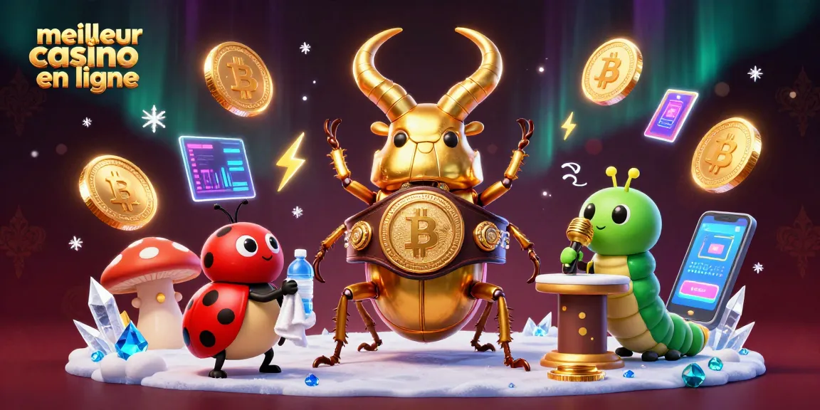 Vibrez avec le meilleur casino en ligne, image dynamique d'un combat de boxe entre un scarabée géant et des éléments de crypto-monnaie.