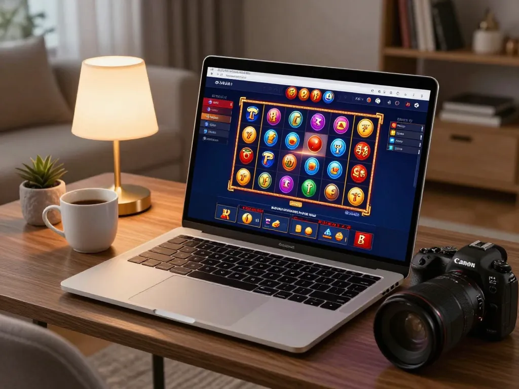 Player engaging with slot games at DH88 online casino on laptop in a cozy home setting.