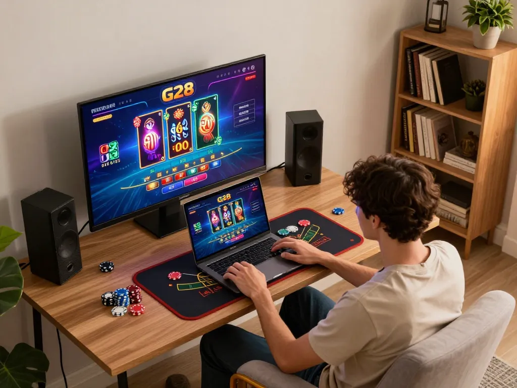 Player engaging in online G28 casino games on a laptop, showcasing a vibrant home gaming atmosphere.