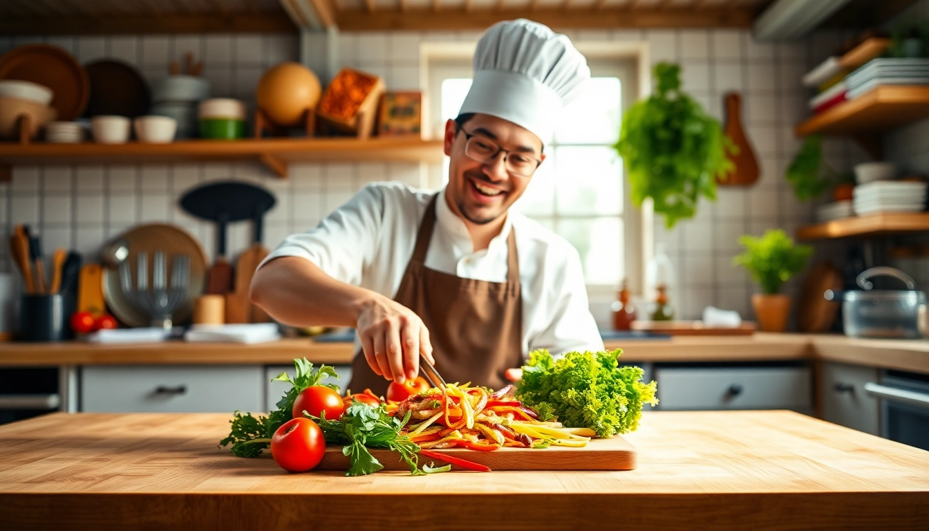 Culinary inspiration at dishfacts with a chef preparing a colorful dish in a bright kitchen.