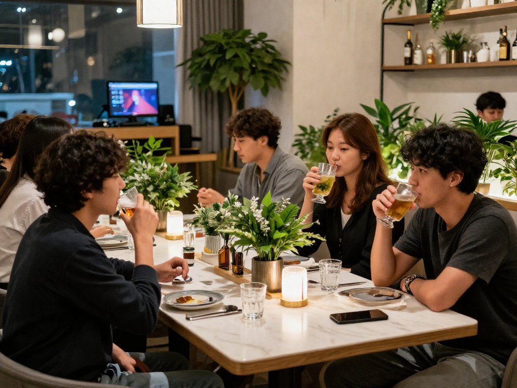 강남쩜오 멀리건에서 쾌적한 분위기 속에 친구들과 즐거운 시간을 보내는 모습