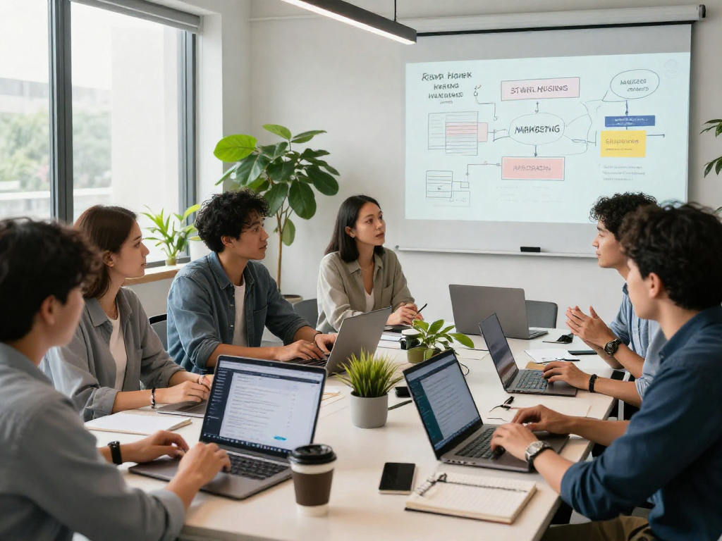 Grupo de profesionales colaborando en soluciones de reseller hosting en un espacio moderno.