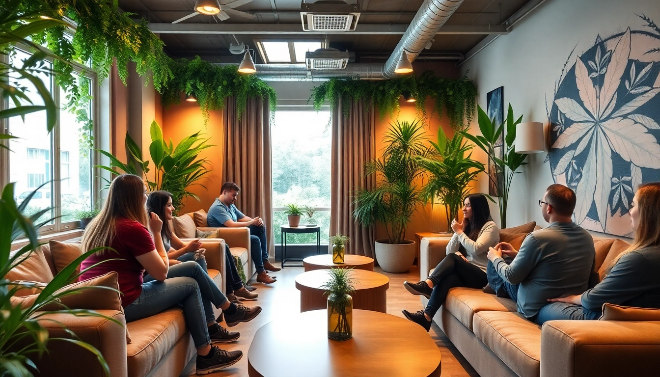 Besucher genießen die entspannte Atmosphäre im cannabis club hamburg, umgeben von grünem Interieur.