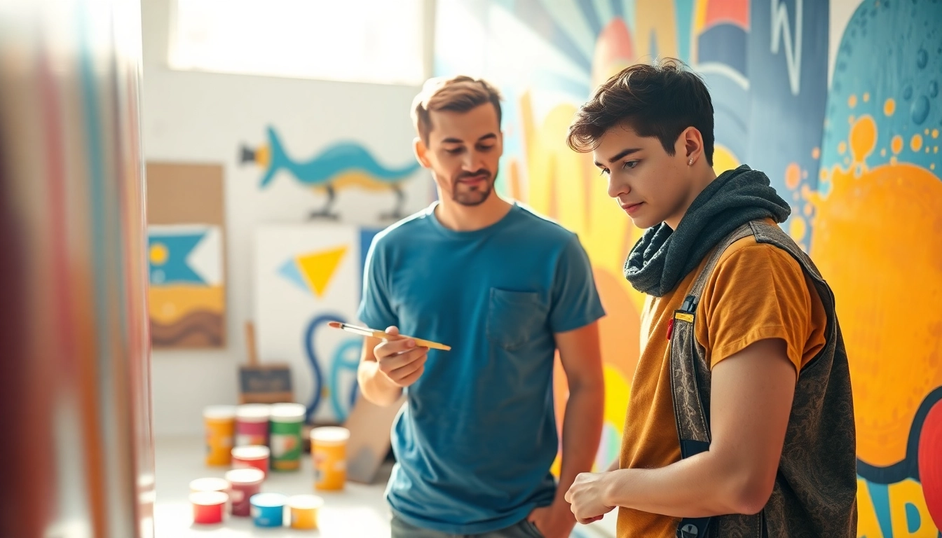 Engaging painting apprenticeship session showing an artist instructing a student on mural techniques.