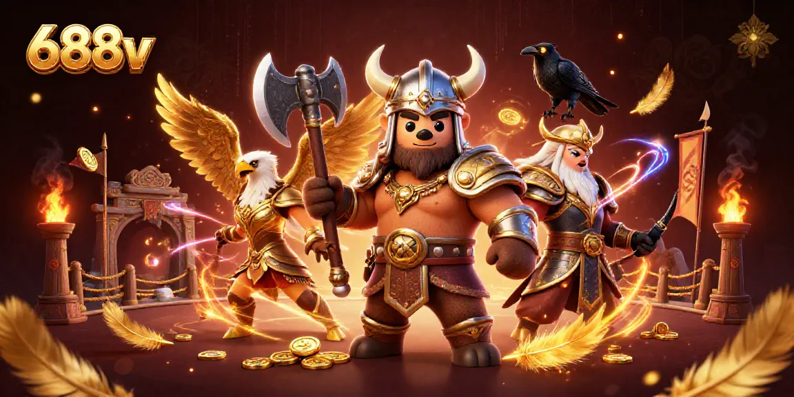 Experience the excitement of 688v with a Viking berserker and golden eagle amidst scattered gaming elements.