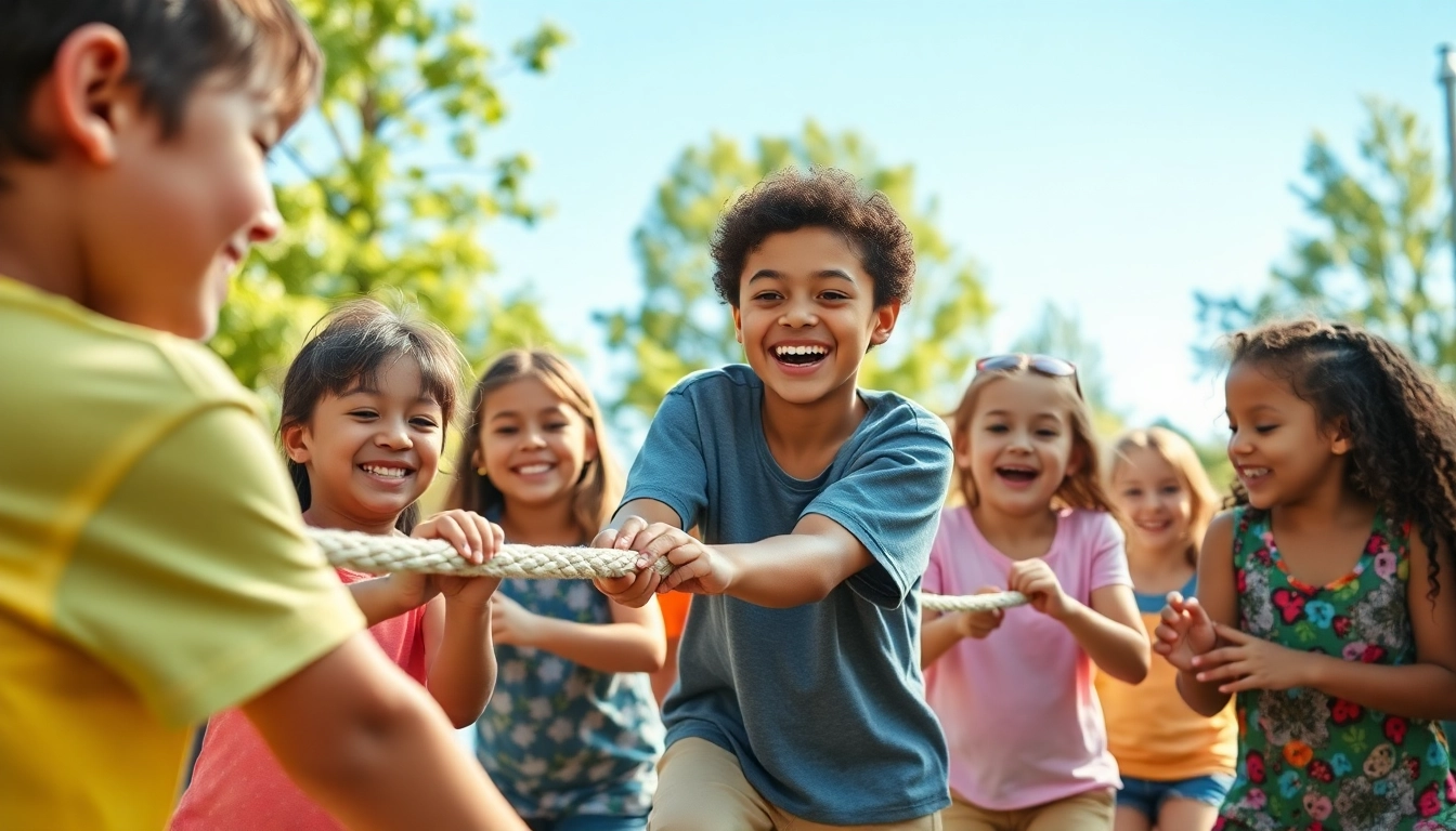 Active children enjoying teamwork at a coed summer camp, surrounded by nature and happy smiles.