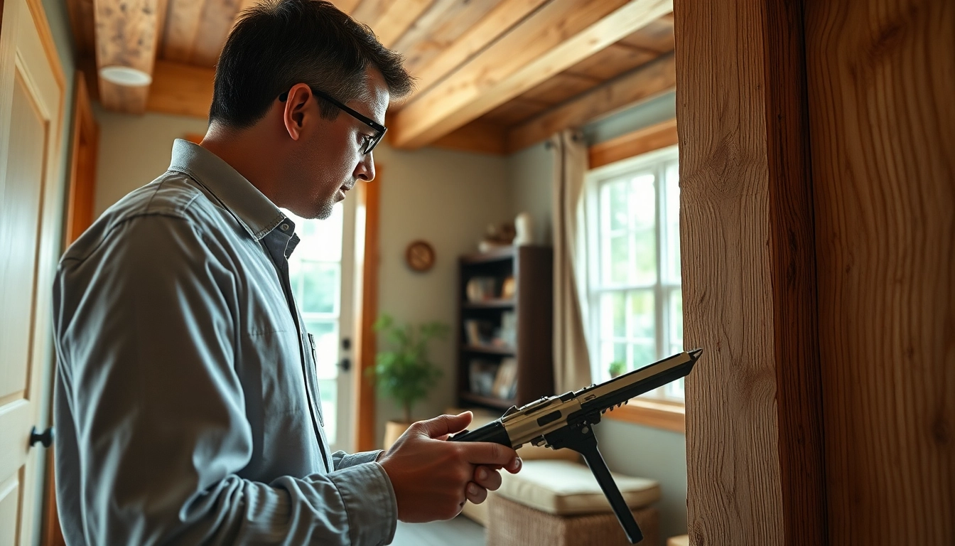 Conducting a wood destroying insect inspection in a well-lit home environment.