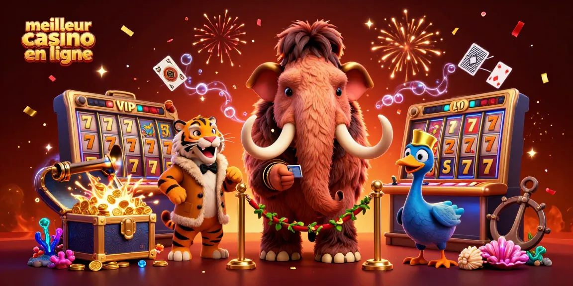 Le meilleur casino en ligne avec un mammouth gardien vérifiant les ID et un tigre VIP dans une scène festive.