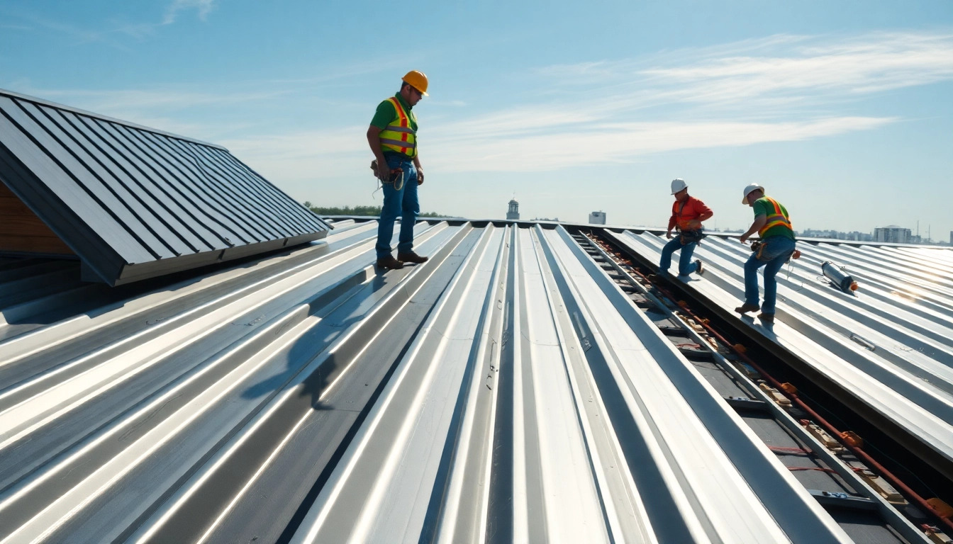 Metal roofing companies expertly installing sleek metal roofs on a sunny day.