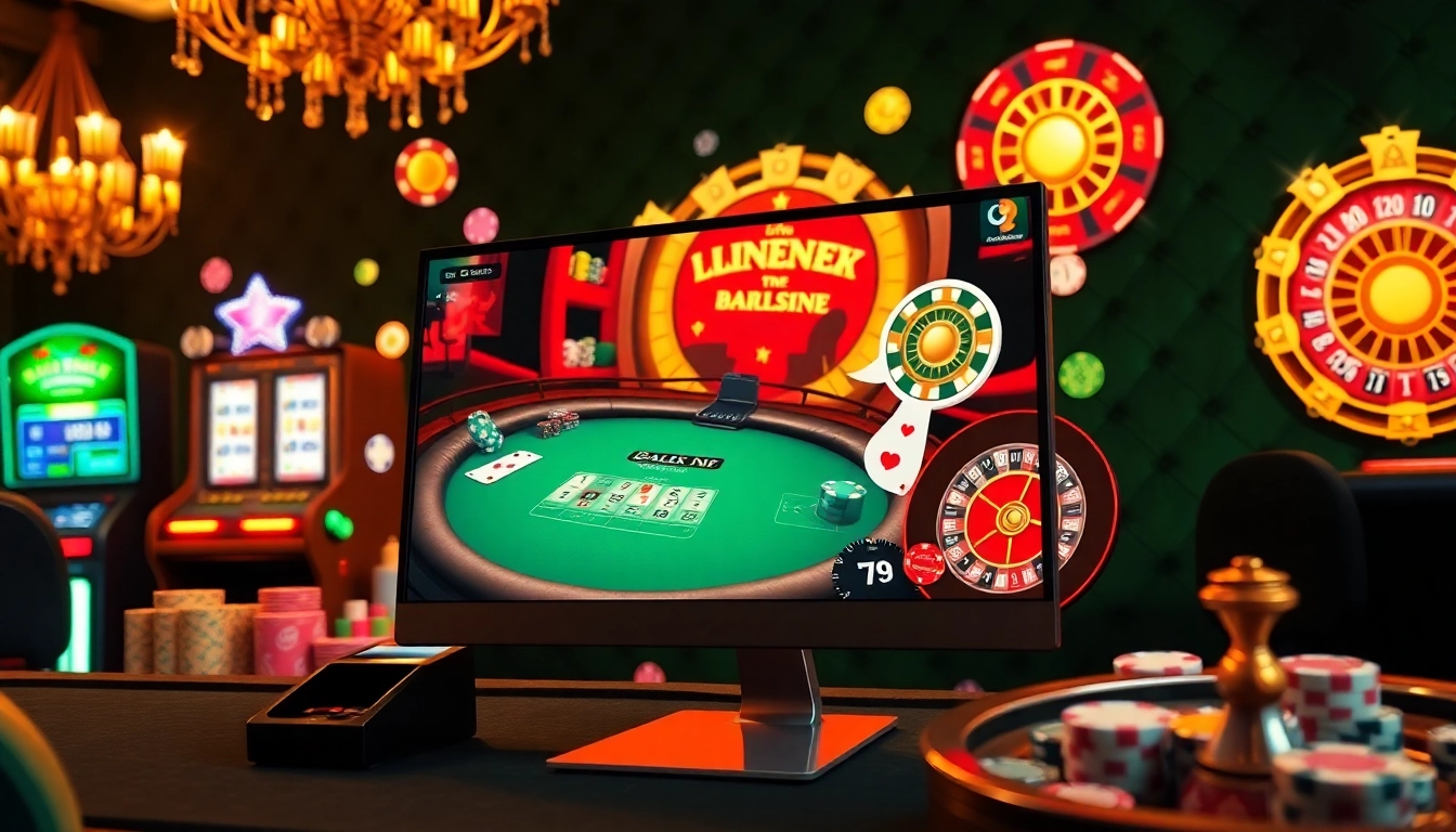 Vivez des actions à enjeux élevés dans cette scène de casino en ligne, mettant en avant des jeux avec croupiers en direct et des icônes de jeu vibrantes.