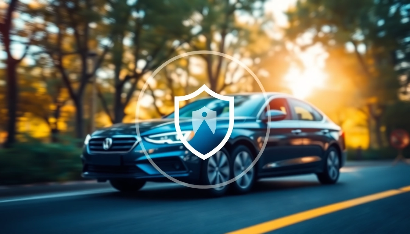 Illustration of an auto protection plan highlighting safety with a shield icon around a vehicle.