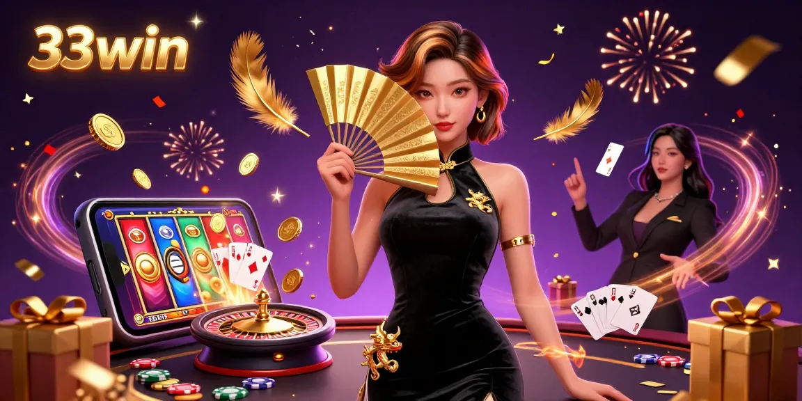 Experience exhilarating gaming at 33win with vibrant casino elements and a captivating host.