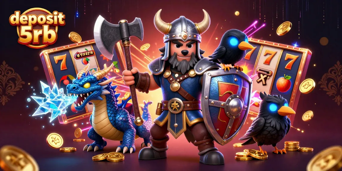Experience gaming excitement with deposit 5rb alongside a Viking warrior and mystical dragon.