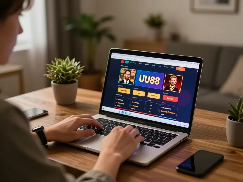 UU88 user engaging in online betting with laptop, creating a cozy home gambling atmosphere.