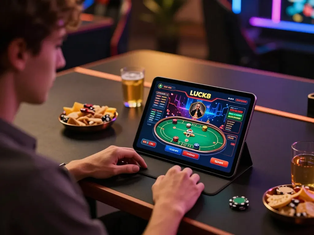 LUCK8 player strategizing during an online poker game at a modern home gaming setup.