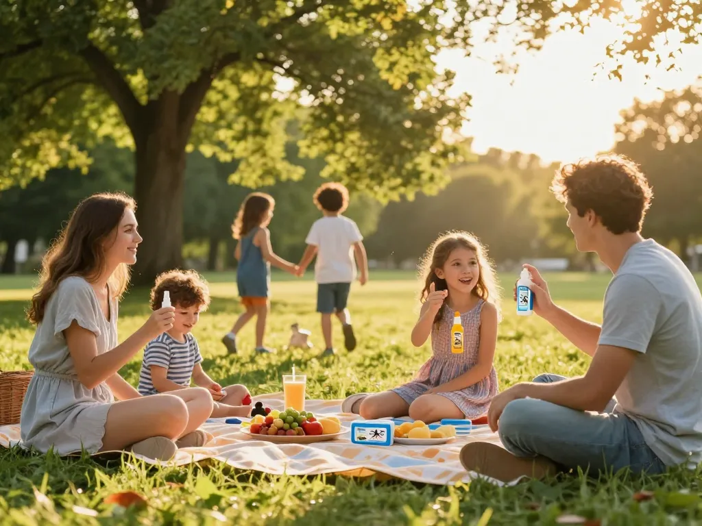 Family enjoying a picnic outdoors using the Best Mosquito Repellent for a bite-free experience.