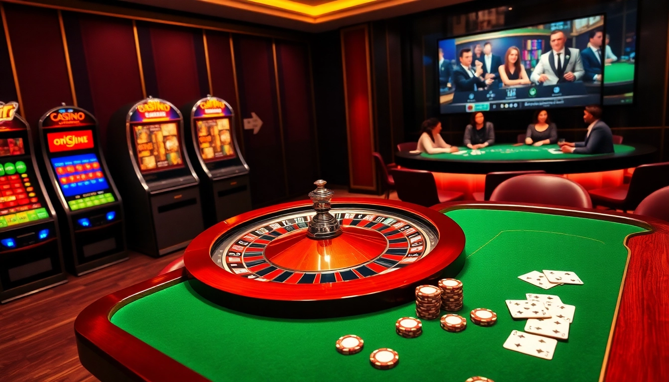 Scène excitante d'un casino en ligne axée sur une roulette et une table de poker.