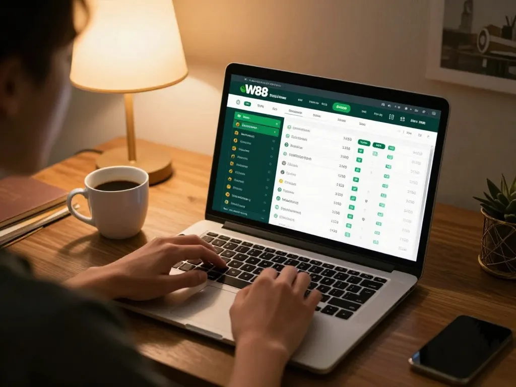 Engaging with the w 88 betting interface on a sleek laptop in a cozy home setting