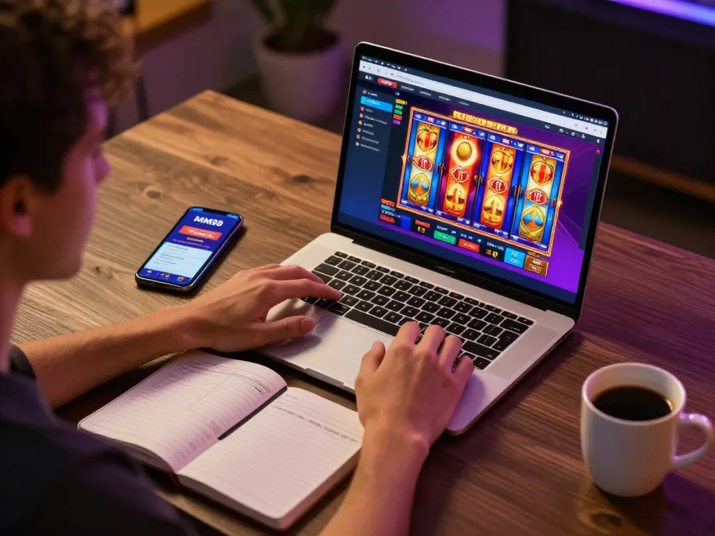 Engaging with MM88 link on laptop while spinning colorful slot reels in cozy personal gaming setup.