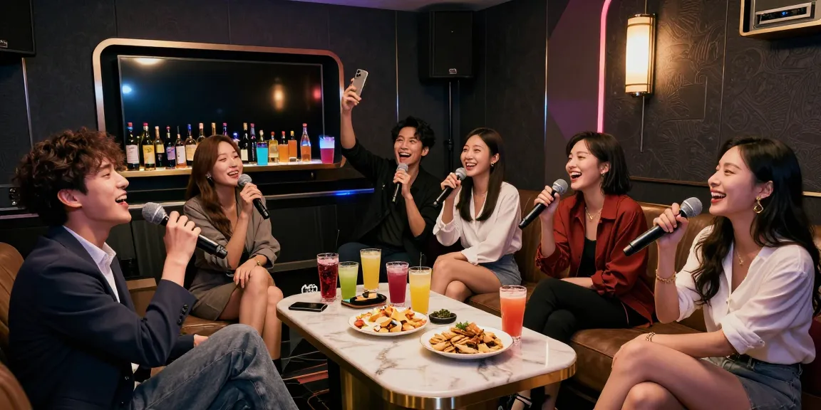 강남 가라오케에서 친구들과 함께 노래를 부르며 즐거운 시간을 보내는 모습.