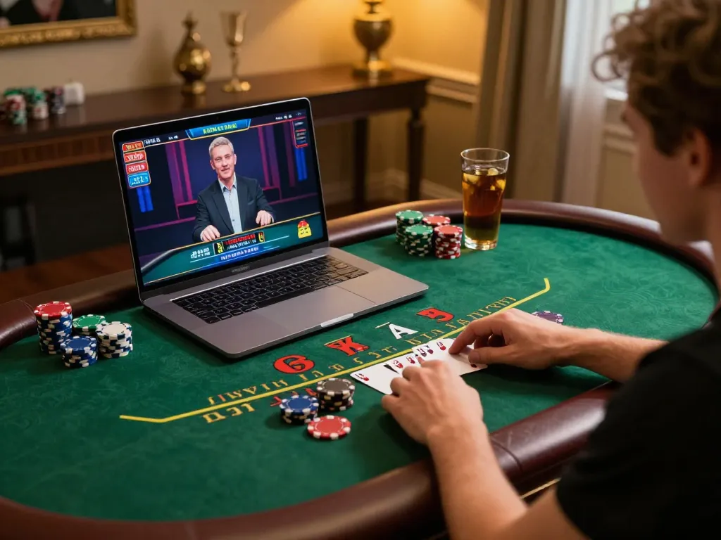 Player enjoying live dealer blackjack on sc88, engaging with the screen in cozy home setup.