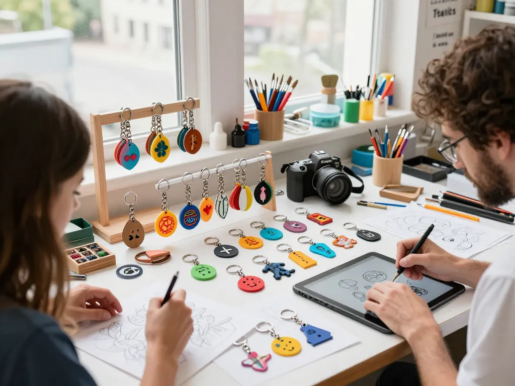 Create stunning custom keychains in a vibrant workshop setting.