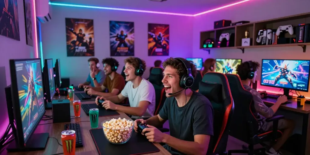 Exciting gaming lounge featuring friends enjoying link alternatif djarum bos games, vibrant atmosphere with controllers and snacks.