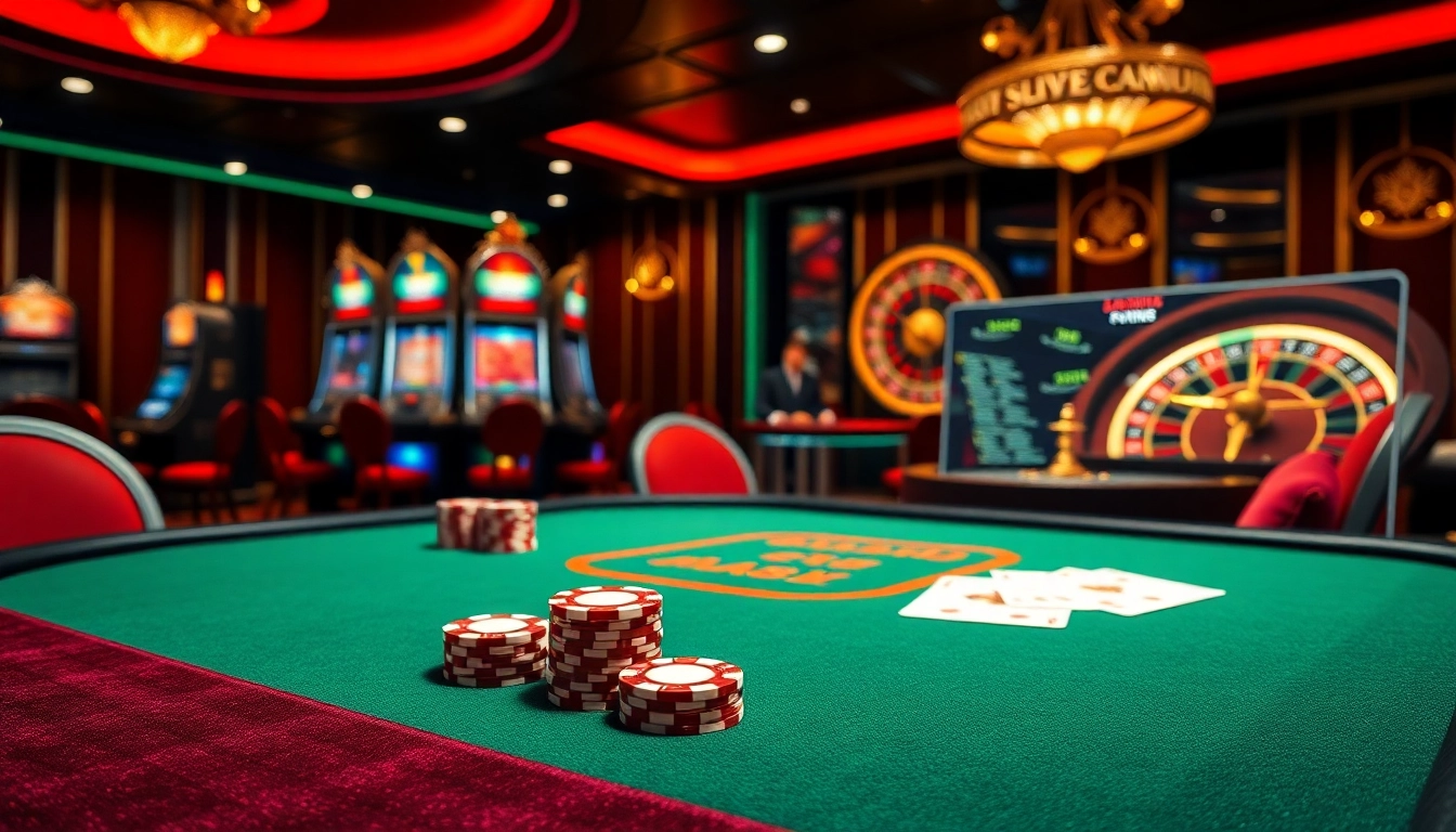 Exciting gaming scene at UU88 casino with poker table, slot machines, and vibrant atmosphere.