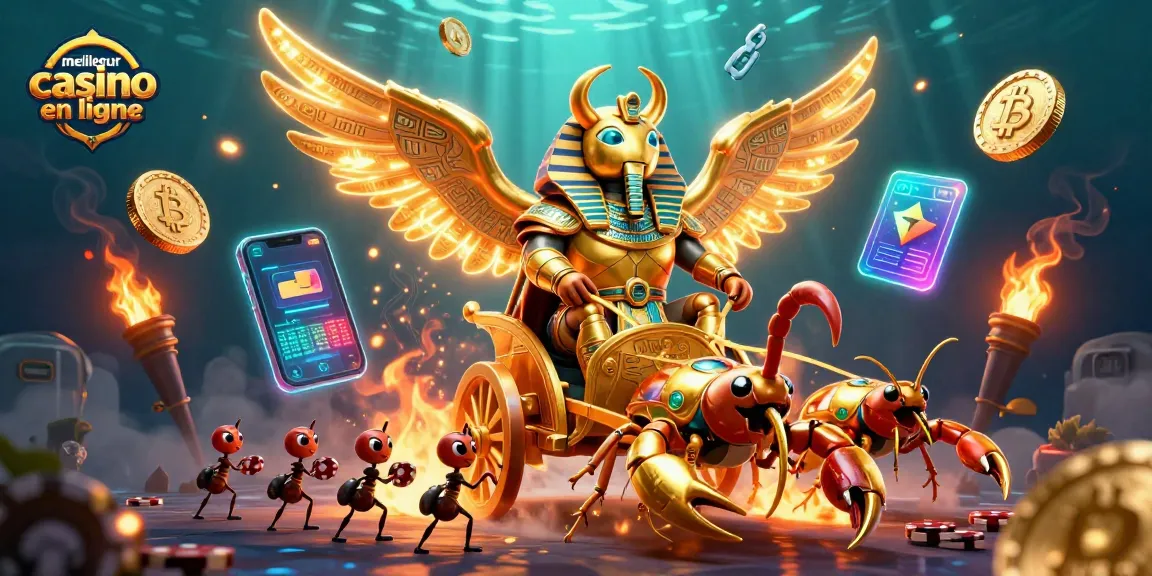 Plongez dans l'univers du meilleur casino en ligne avec ce scarabée doré et ses éléments de crypto-monnaie flashy.