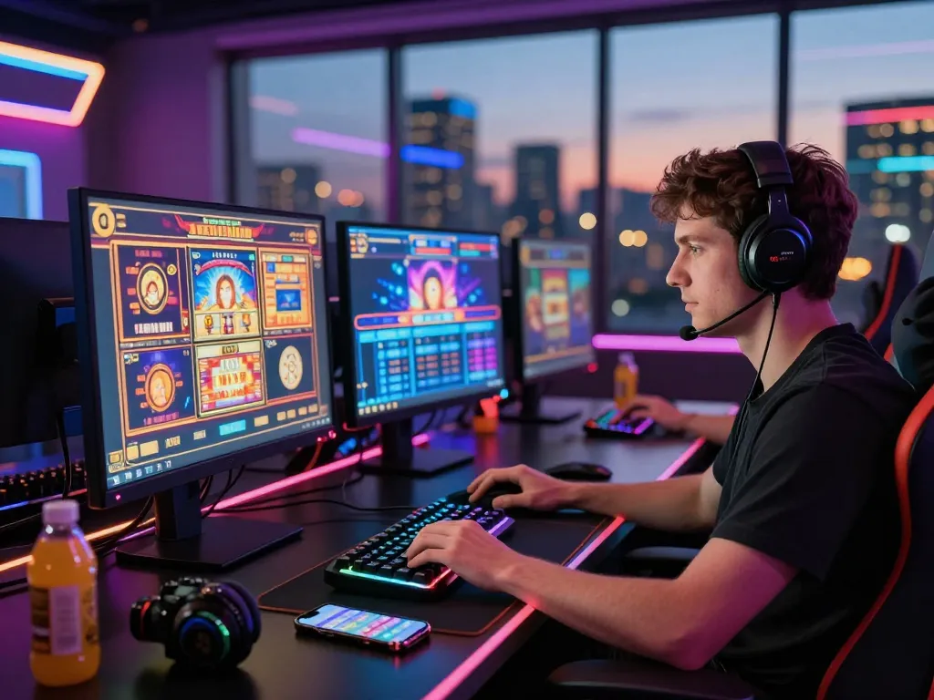 Vibrant online gaming setup with ligasedayu slot games and neon lights.