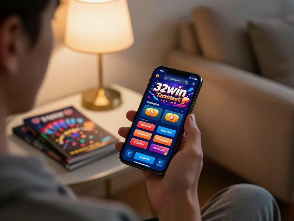 Experience mobile betting with 32win app in a cozy home setting, highlighting gaming activity